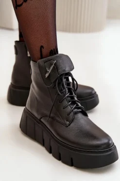 Zazoo 60511 Skórzane Botki Damskie Na Platformie Ocieplane Czarne