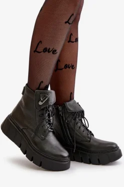 Zazoo 60511 Skórzane Botki Damskie Na Platformie Ocieplane Czarne