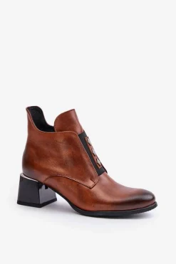 Zazoo 60504 Skórzane Botki Na Klocku Ocieplane Brązowe