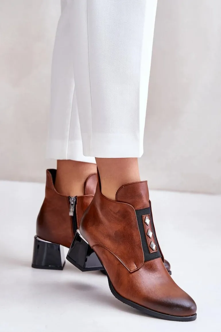 Zazoo 60504 Skórzane Botki Na Klocku Ocieplane Brązowe