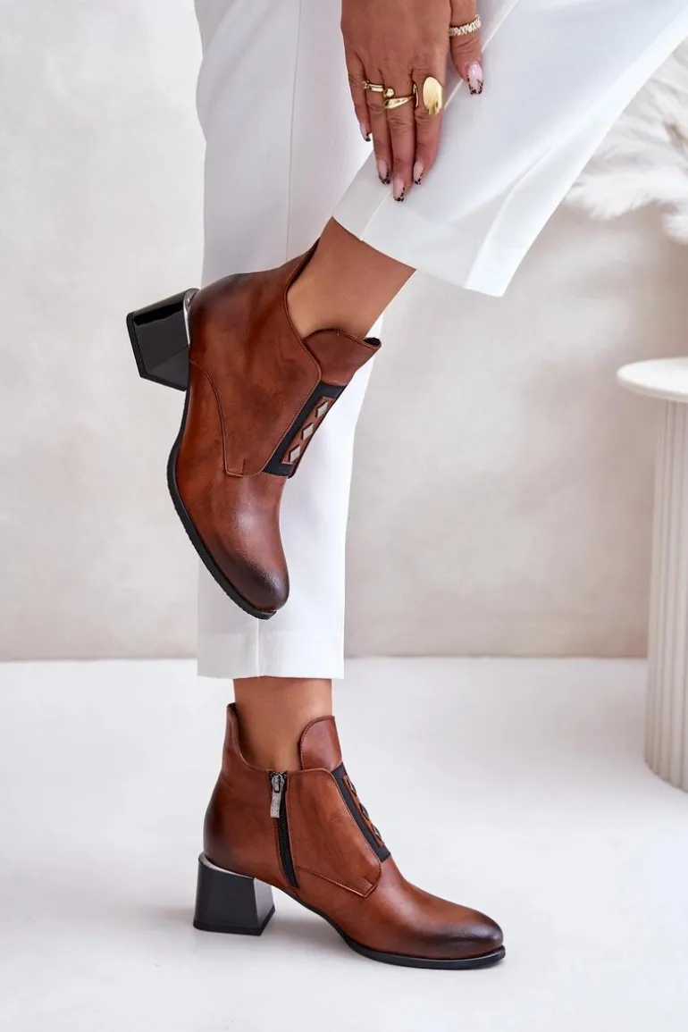 Zazoo 60504 Skórzane Botki Na Klocku Ocieplane Brązowe