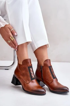 Zazoo 60504 Skórzane Botki Na Klocku Ocieplane Brązowe