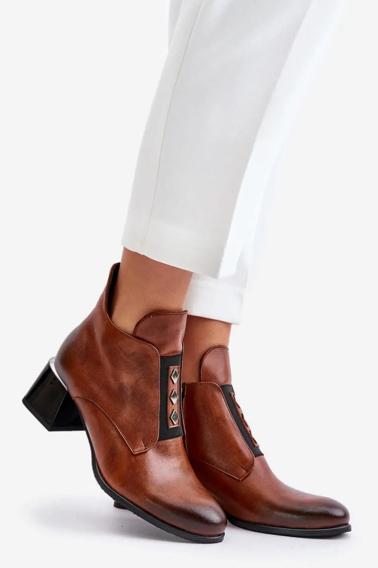 Zazoo 60504 Skórzane Botki Na Klocku Ocieplane Brązowe