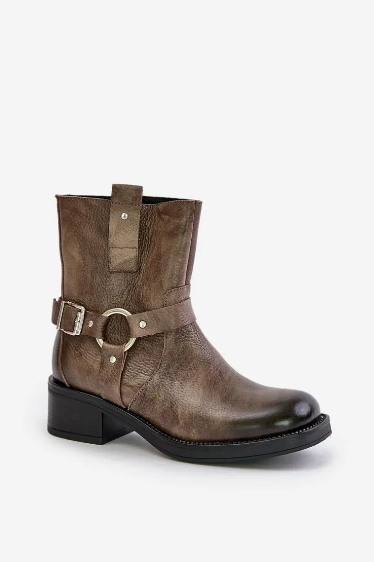 Zazoo 60480 Skórzane Botki Na Niskim Obcasie Ocieplane Brązowo-Szare