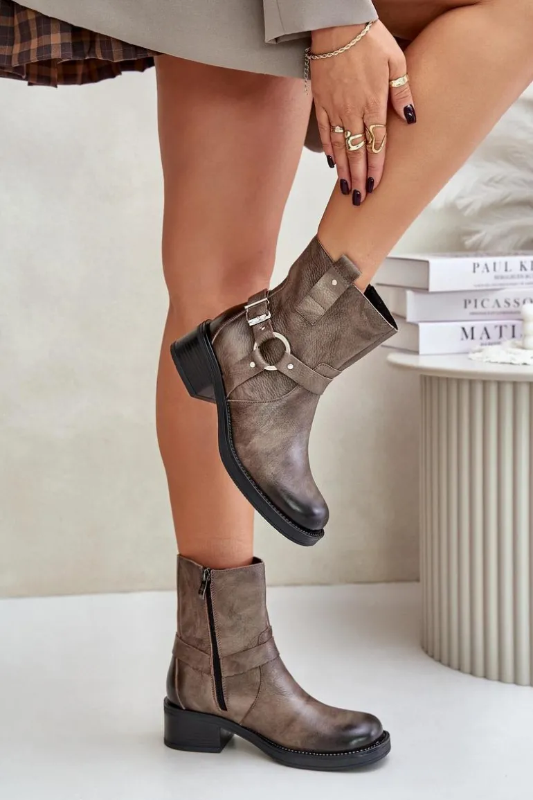 Zazoo 60480 Skórzane Botki Na Niskim Obcasie Ocieplane Brązowo-Szare