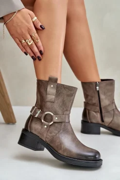 Zazoo 60480 Skórzane Botki Na Niskim Obcasie Ocieplane Brązowo-Szare