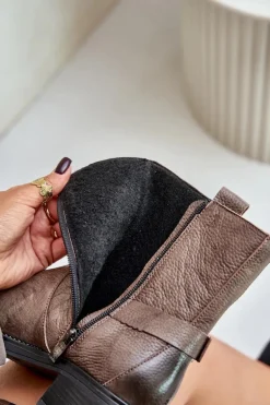 Zazoo 60480 Skórzane Botki Na Niskim Obcasie Ocieplane Brązowo-Szare