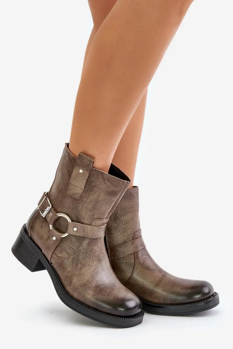 Zazoo 60480 Skórzane Botki Na Niskim Obcasie Ocieplane Brązowo-Szare