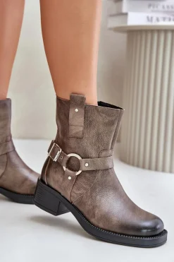 Zazoo 60480 Skórzane Botki Na Niskim Obcasie Ocieplane Brązowo-Szare