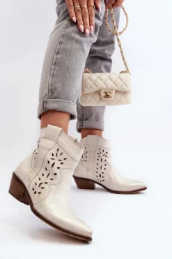 Zazoo 2870 Skórzane Botki Na Niskim Obcasie Ażurowe Srebrne