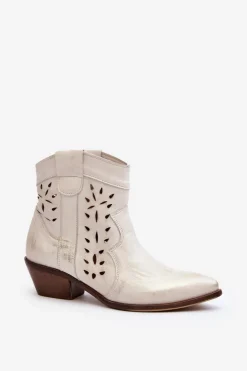 Zazoo 2870 Skórzane Botki Na Niskim Obcasie Ażurowe Srebrne