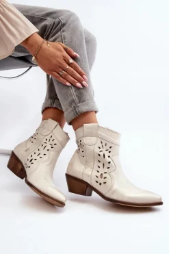 Zazoo 2870 Skórzane Botki Na Niskim Obcasie Ażurowe Srebrne