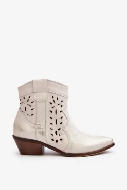 Zazoo 2870 Skórzane Botki Na Niskim Obcasie Ażurowe Srebrne