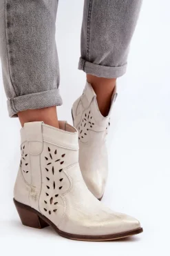 Zazoo 2870 Skórzane Botki Na Niskim Obcasie Ażurowe Srebrne