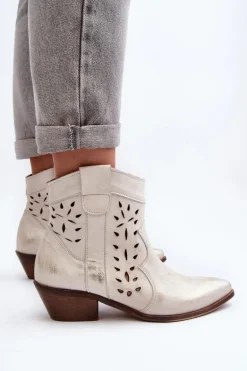 Zazoo 2870 Skórzane Botki Na Niskim Obcasie Ażurowe Srebrne