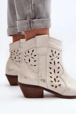 Zazoo 2870 Skórzane Botki Na Niskim Obcasie Ażurowe Srebrne