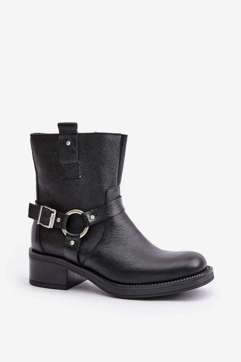 Zazoo 60480 Skórzane Botki Na Niskim Obcasie Ocieplane Czarne