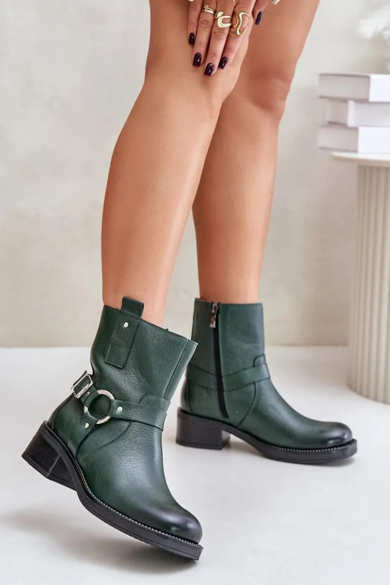 Zazoo 60480 Skórzane Botki Na Niskim Obcasie Ocieplane Ciemnozielone