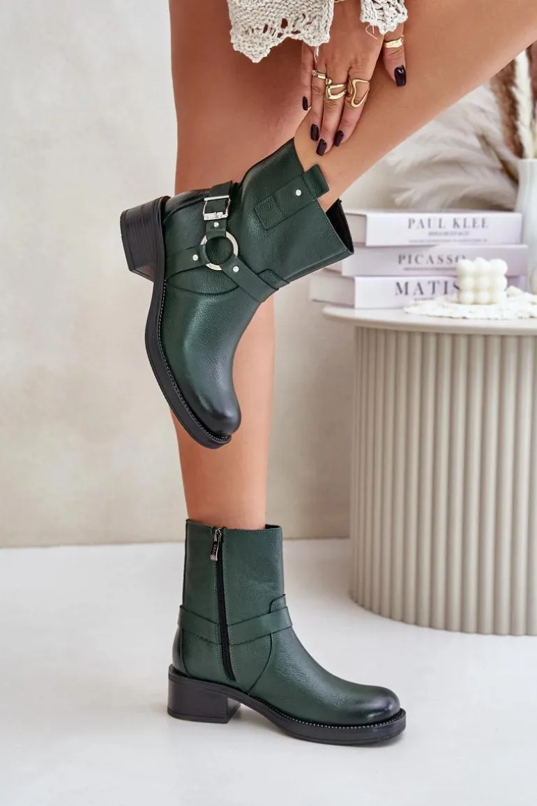 Zazoo 60480 Skórzane Botki Na Niskim Obcasie Ocieplane Ciemnozielone