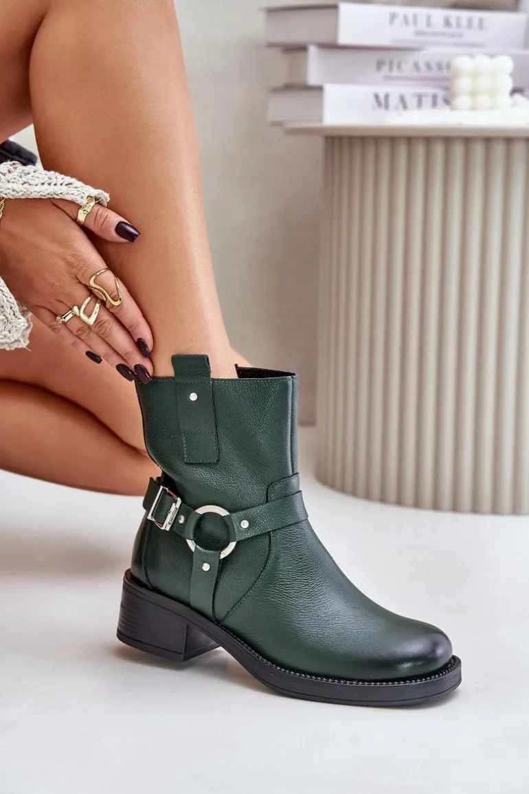 Zazoo 60480 Skórzane Botki Na Niskim Obcasie Ocieplane Ciemnozielone