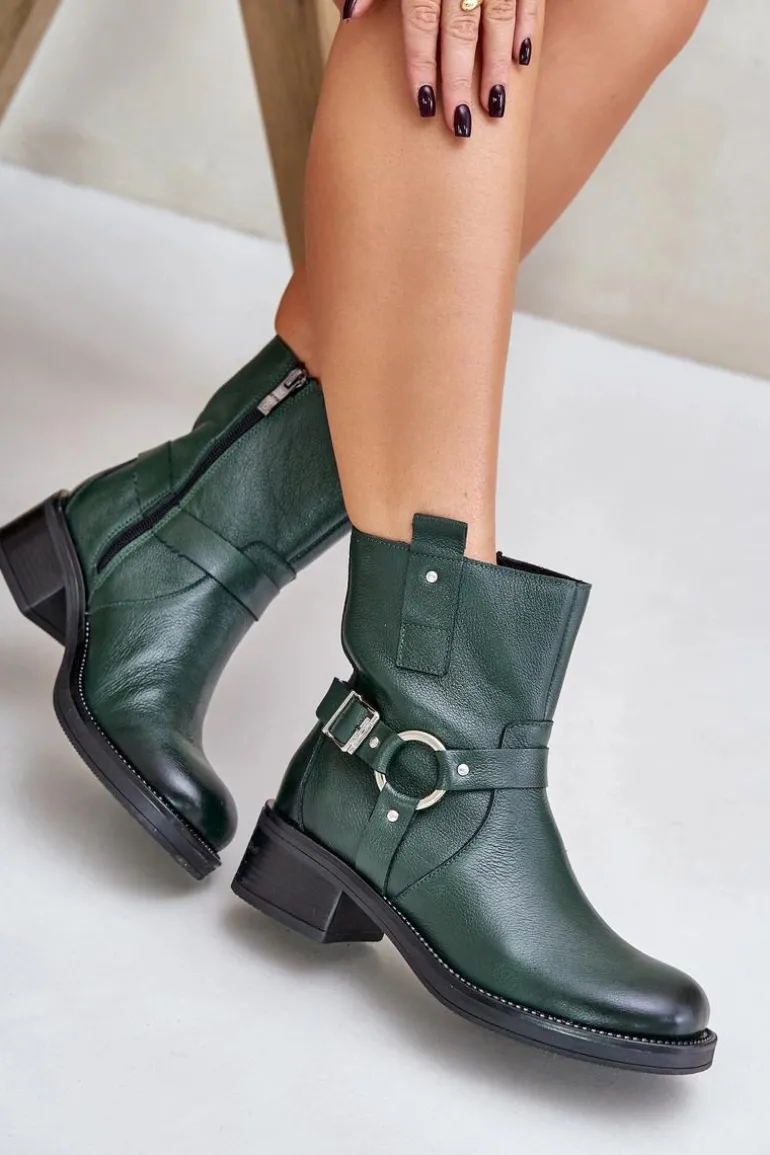 Zazoo 60480 Skórzane Botki Na Niskim Obcasie Ocieplane Ciemnozielone