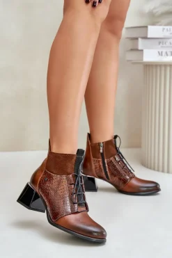 Zazoo 60503 Skórzane Botki Na Obcasie Ocieplane Brązowe