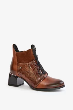 Zazoo 60503 Skórzane Botki Na Obcasie Ocieplane Brązowe