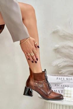 Zazoo 60503 Skórzane Botki Na Obcasie Ocieplane Brązowe