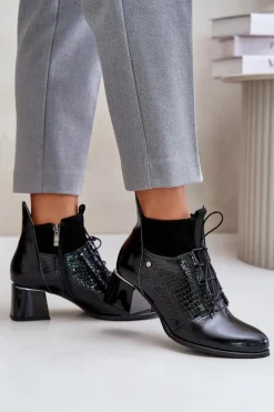 Zazoo 60503 Skórzane Botki Na Obcasie Ocieplane Czarne