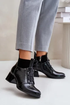 Zazoo 60503 Skórzane Botki Na Obcasie Ocieplane Czarne