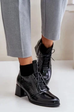 Zazoo 60503 Skórzane Botki Na Obcasie Ocieplane Czarne