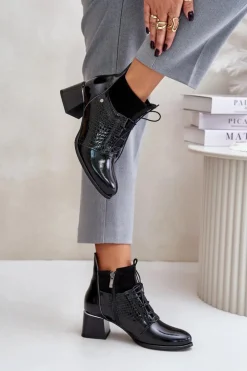 Zazoo 60503 Skórzane Botki Na Obcasie Ocieplane Czarne