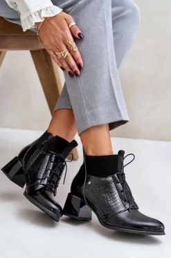 Zazoo 60503 Skórzane Botki Na Obcasie Ocieplane Czarne