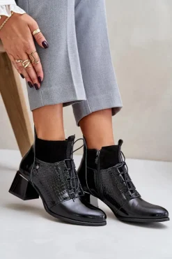 Zazoo 60503 Skórzane Botki Na Obcasie Ocieplane Czarne