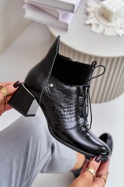 Zazoo 60503 Skórzane Botki Na Obcasie Ocieplane Czarne