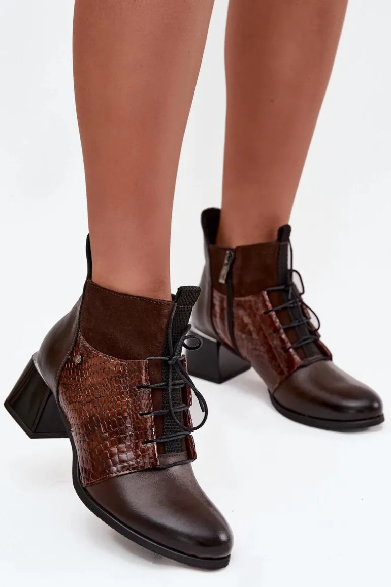 Zazoo 60503 Skórzane Botki Na Obcasie Ocieplane Czekoladowe