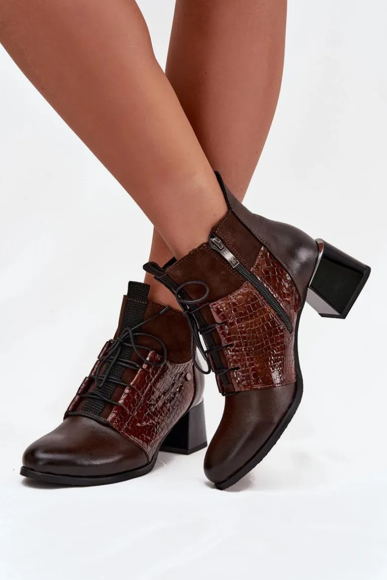 Zazoo 60503 Skórzane Botki Na Obcasie Ocieplane Czekoladowe