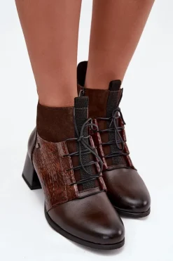 Zazoo 60503 Skórzane Botki Na Obcasie Ocieplane Czekoladowe