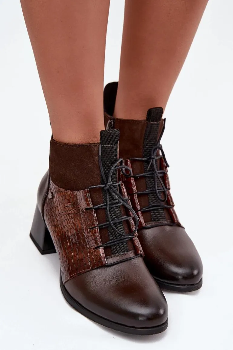 Zazoo 60503 Skórzane Botki Na Obcasie Ocieplane Czekoladowe