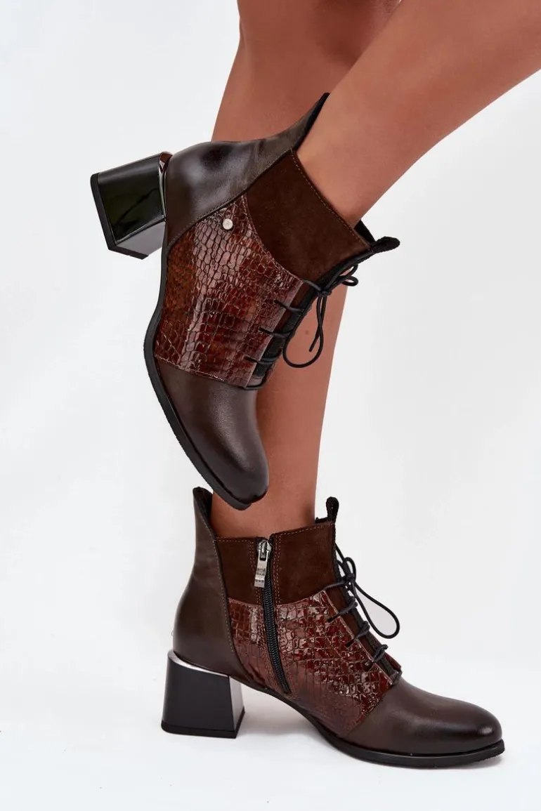 Zazoo 60503 Skórzane Botki Na Obcasie Ocieplane Czekoladowe