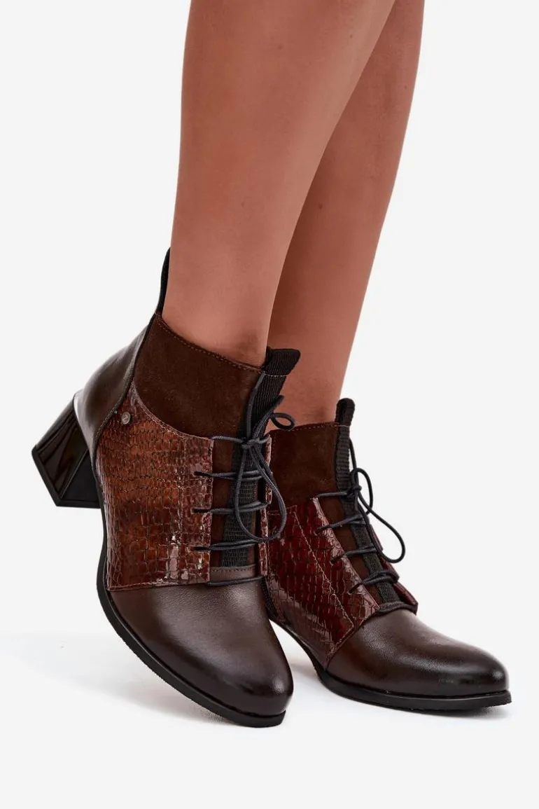 Zazoo 60503 Skórzane Botki Na Obcasie Ocieplane Czekoladowe