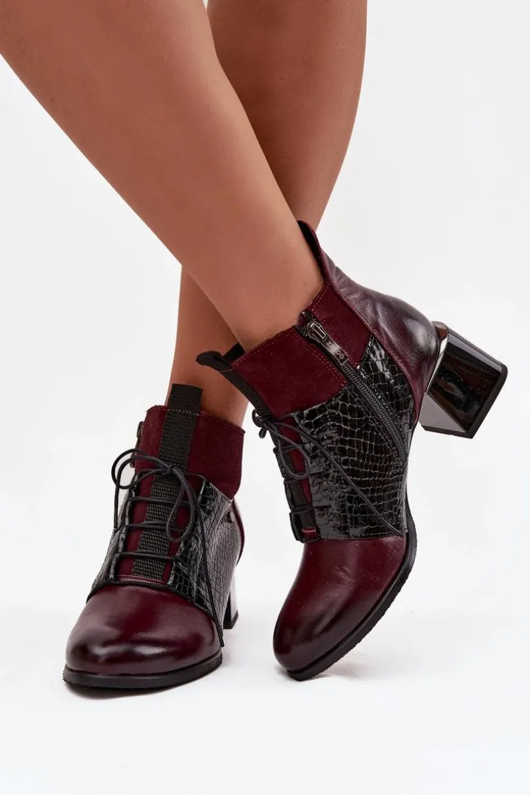 Zazoo 60503 Skórzane Botki Na Obcasie Ocieplane Bordowe