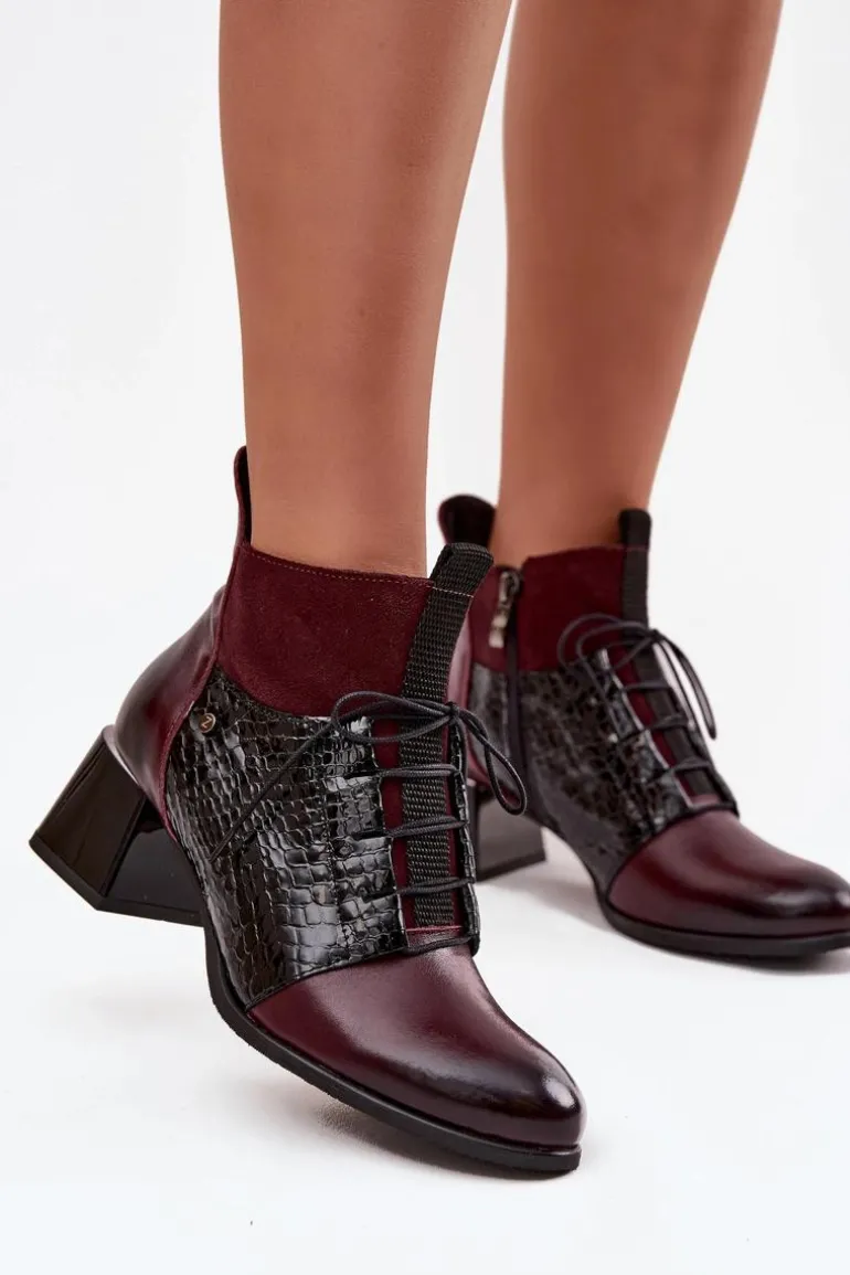 Zazoo 60503 Skórzane Botki Na Obcasie Ocieplane Bordowe