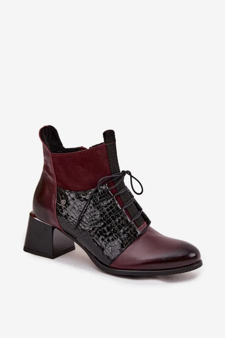 Zazoo 60503 Skórzane Botki Na Obcasie Ocieplane Bordowe