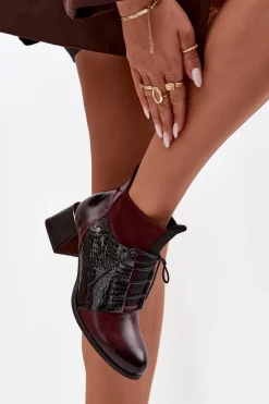 Zazoo 60503 Skórzane Botki Na Obcasie Ocieplane Bordowe