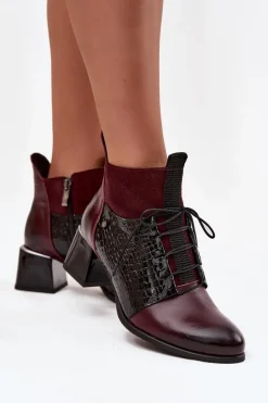 Zazoo 60503 Skórzane Botki Na Obcasie Ocieplane Bordowe