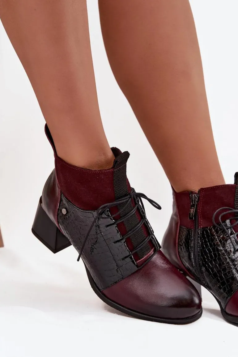 Zazoo 60503 Skórzane Botki Na Obcasie Ocieplane Bordowe