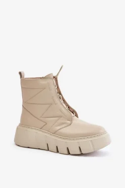 Zazoo 60472 Skórzane Botki Na Platformie I Koturnie Beżowe