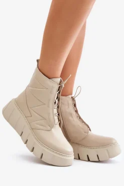 Zazoo 60472 Skórzane Botki Na Platformie I Koturnie Beżowe
