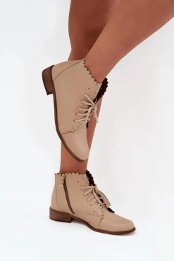 Zazoo 2964 Skórzane Botki Na Płaskim Obcasie Beżowe